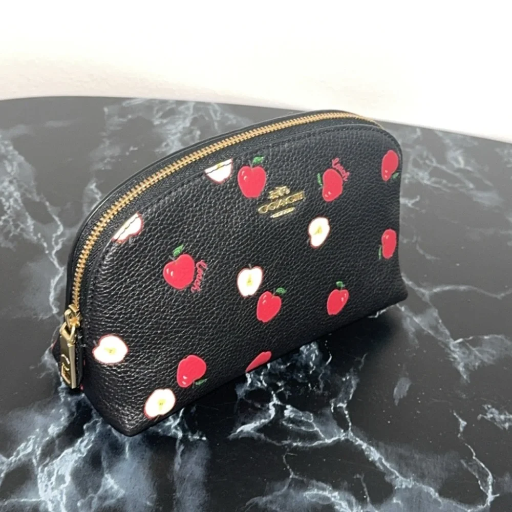 Coach Black Red Cosmetic Leather Bag Clutch Case with Red Apple Print AUTHENTIC